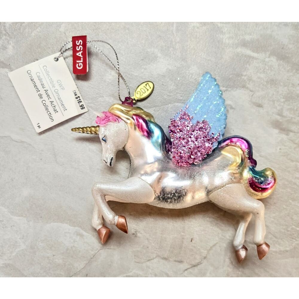 Sparkly Rainbow Unicorn Blown Glass Christmas Ornament Holiday Keepsake 2017